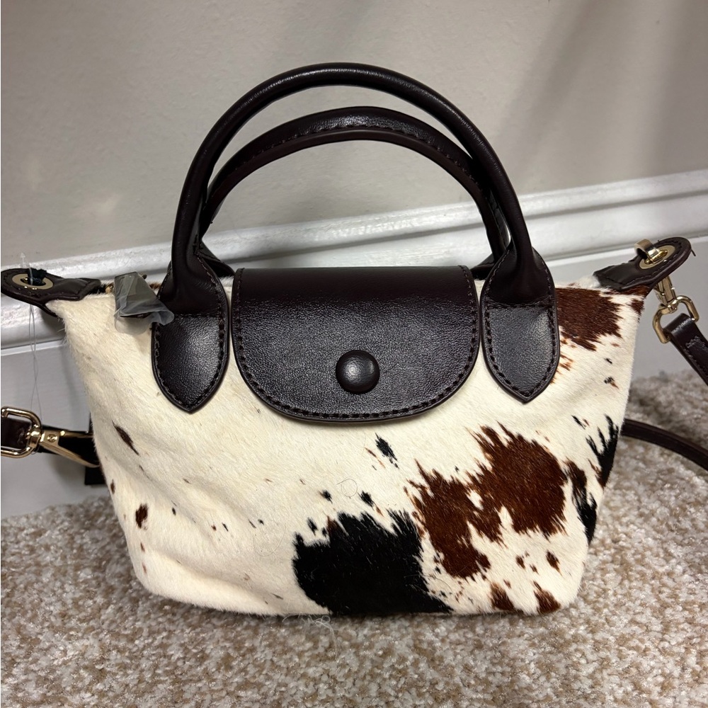 NWT House of Harlow Brown White Black Genuine Cow Hide Leather Le Pliage Bag